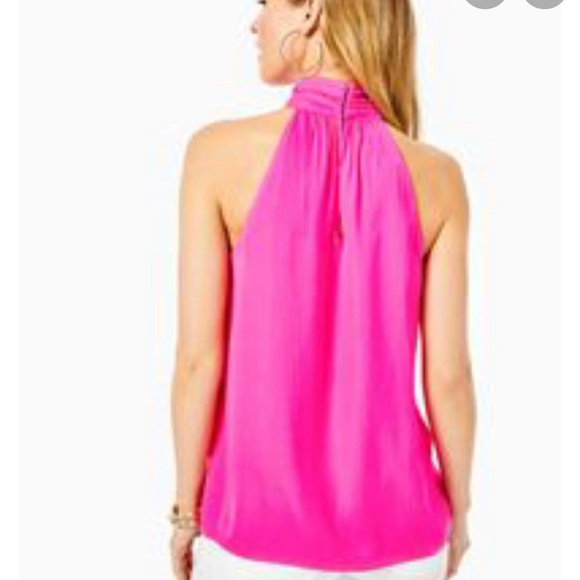 NWT Lilly Pulitzer Kristine top Pink Tango high neck with covered buttons halter - Picture 2 of 4